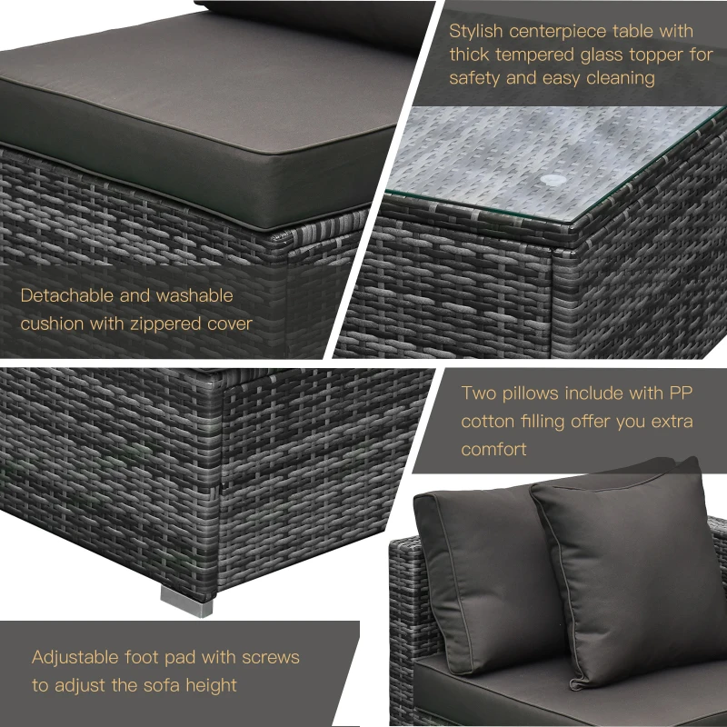 Outsunny 6 Pieces Rattan Garden Furniture Set, 5 Seater Sectional Garden Corner Sofa Set with Glass Top Coffee Table, Cushions and Pillows, All-Weather Wicker Conversation Furniture, Grey