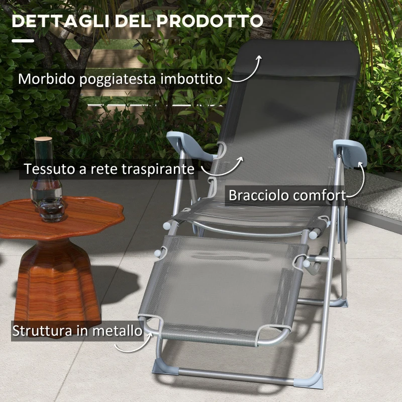 Outsunny Set 2 Sdraio da Giardino Pieghevoli con Schienale Regolabile a 5 Livelli e Poggiapiedi, Grigio