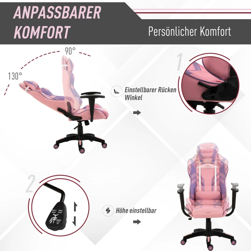 Vinsetto Ergonomischer Gaming Stuhl Bürostuhl Drehstuhl Verstellbares Massage Lendenkissen Höhenverstellbar Rosa&Violett 69x56x125,5 cm