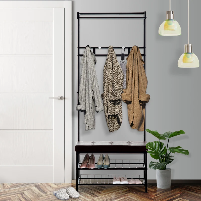 HOMCOM Porte-manteau vestiaire d'entrée banc intégré 2 étagères 5 patères + barre de penderie métal noir revêtement synthétique chocolat