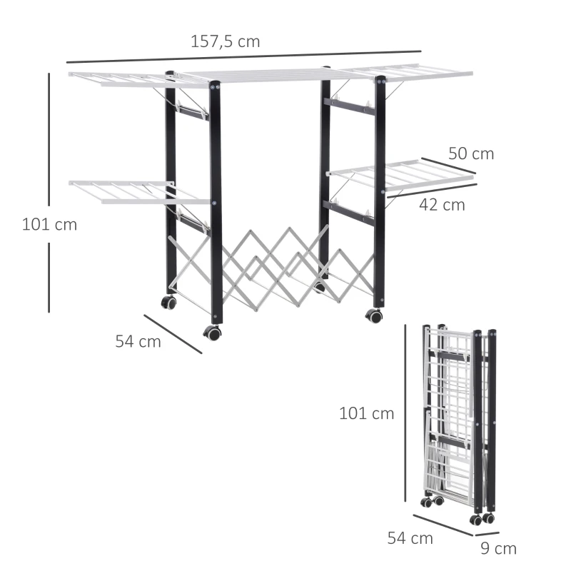 HOMCOM Séchoir à linge étendoir à vêtements pliable réglable avec 4 roulettes - grand capacité - 157,5 x 54 x 101 cm