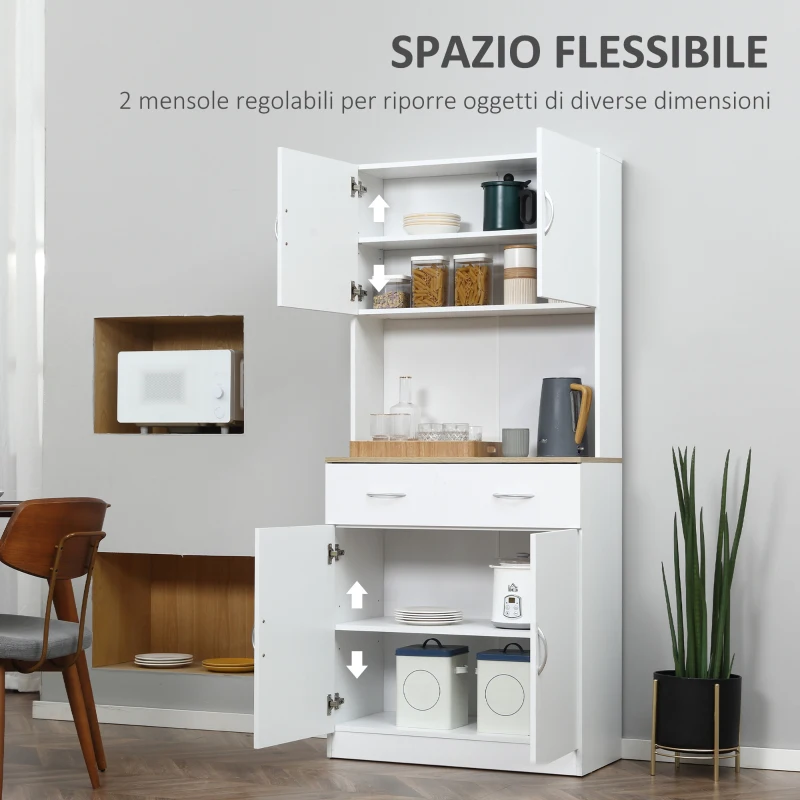 HOMCOM Credenza Cucina con Armadietti a 2 Ante e Cassetto in Legno, 80x40x180cm, Bianco