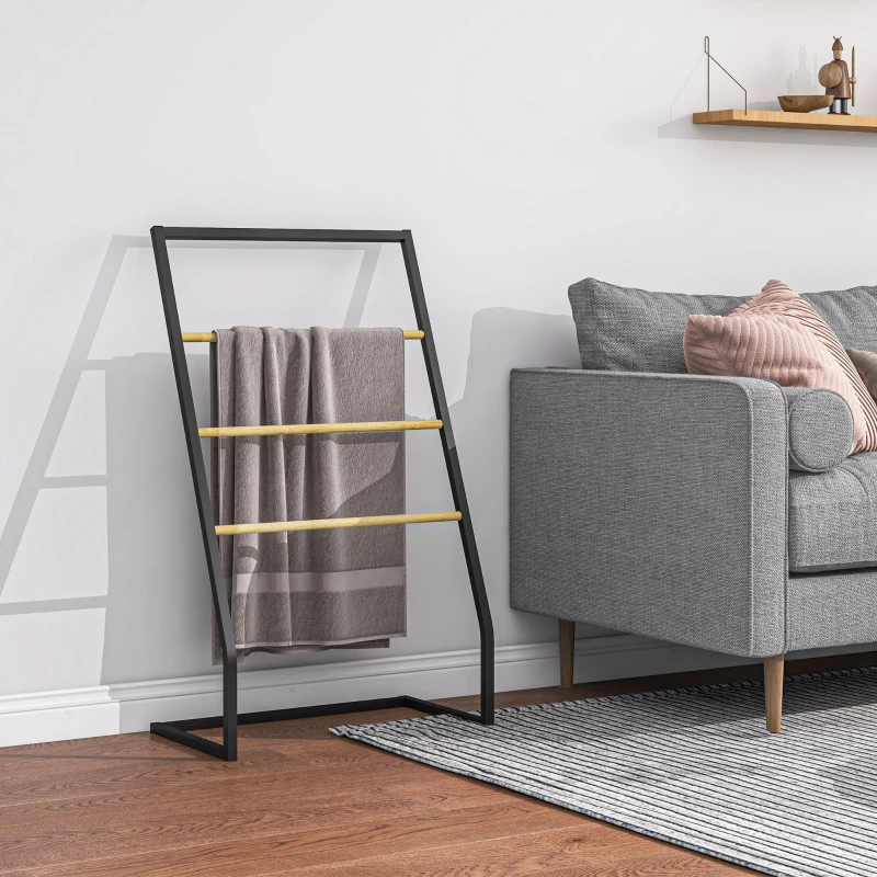 HOMCOM Portasciugamani a 4 Sbarre in Acciaio e Bambù, 60x35x102 cm, Nero e color Legno