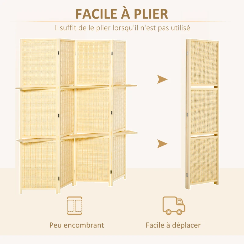 HOMCOM Paravent séparateur de pièce closion de séparation pliable 4 panneaux avec 2 étagères 180 x 180 cm naturel