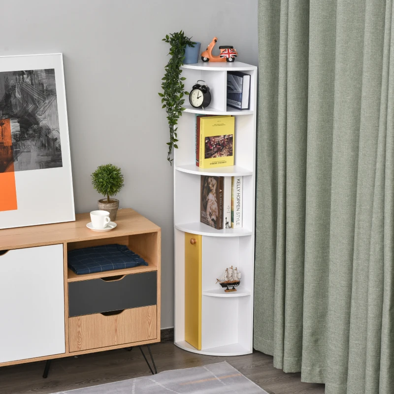 HOMCOM Scaffale Angolare da Parete in Legno Bianco, Mobile Libreria con 5 Ripiani e Armadietto Giallo, Design Moderno, 29.8x29.9x147cm
