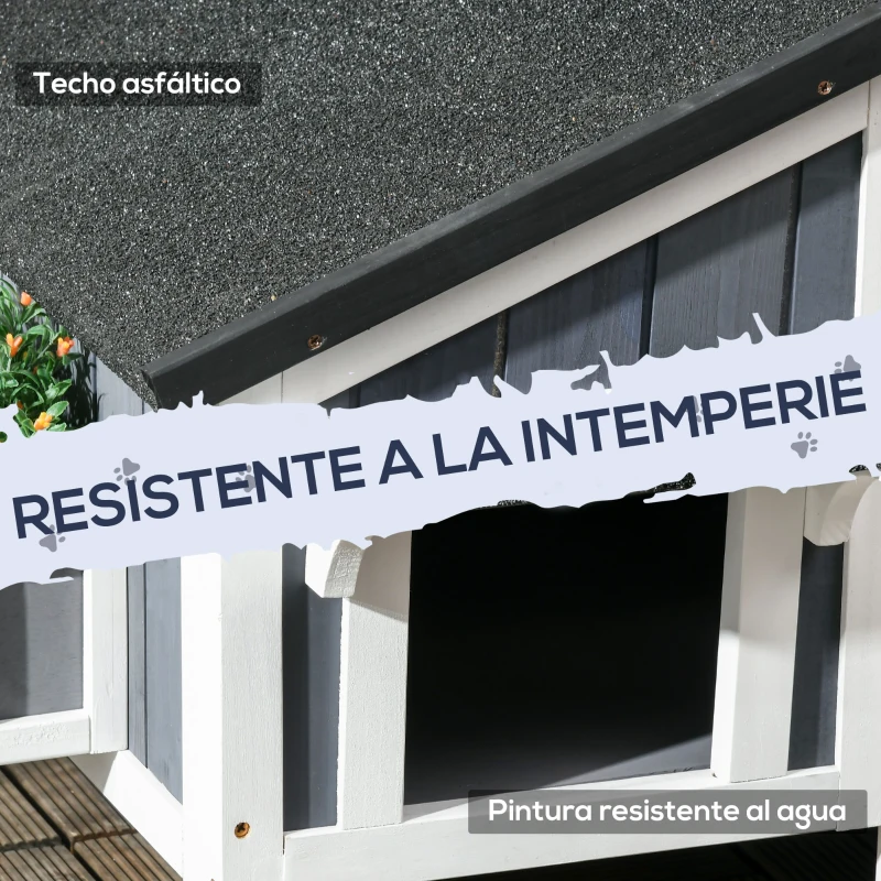 PawHut Caseta de Madera de Exterior para Gatos Casa para Gatos Refugio para Gatos de 2 Niveles 96x65x85,5 cm Gris