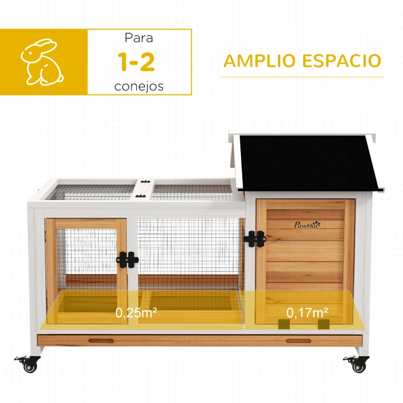 PawHut Jaula para Conejos con Ruedas Techo Abatible y Bandeja Extraíble para Interior y Exterior 108x58x73,5 cm Natural