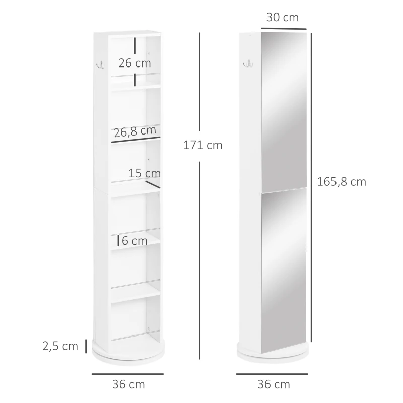 kleankin Armario Alto de Baño Giratorio Columna Auxiliar de Baño de 6 Niveles con Espejo de Cuerpo Entero 36x36x171 cm Blanco