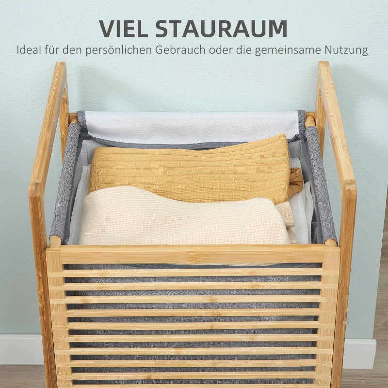 HOMCOM Wäschekorb Wäschebox Wäschesammler mit waschbarem Wäschesack Deckel Wäschesack Tuchsack Bambus leinenartiges Polyester Natur+Grau 40 x 35 x 60,5 cm