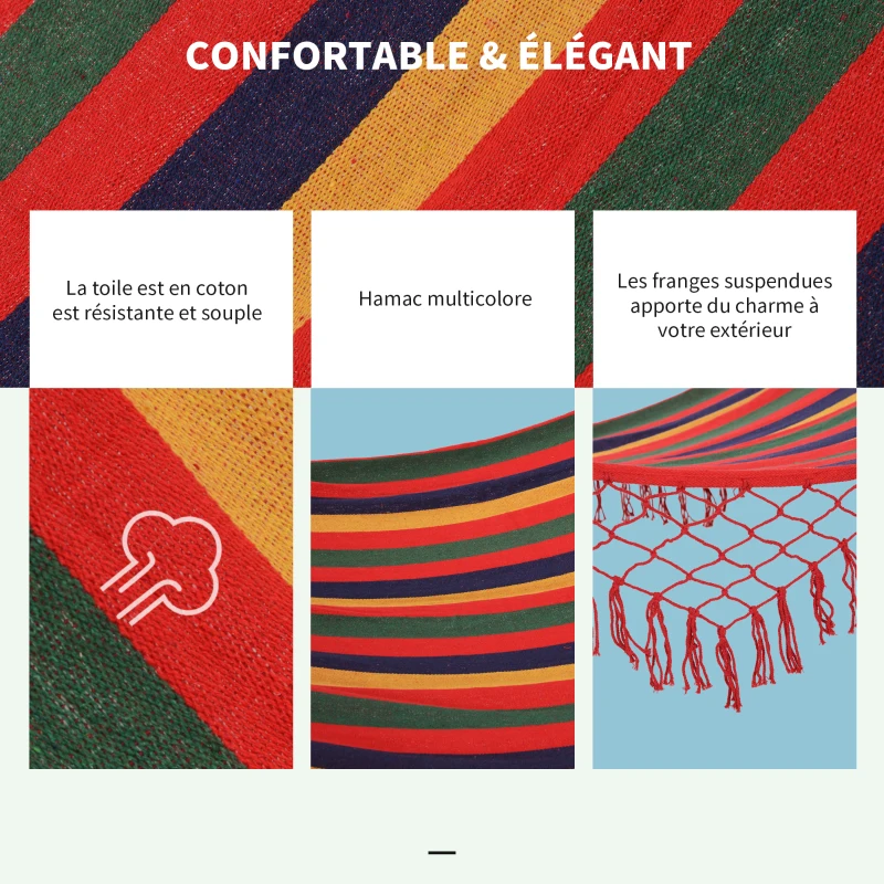 Outsunny Hamac de Voyage Respirant Portable Toile de hamac dim. 2L x 1l m Coton Polyester Multicolore