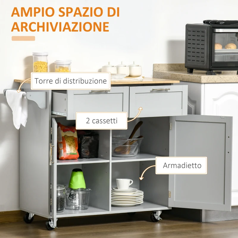 HOMCOM Carrello da Cucina Multiuso in Legno con 2 Cassetti, Armadietto e 4 Ruote, 104x46x91cm, Grigio