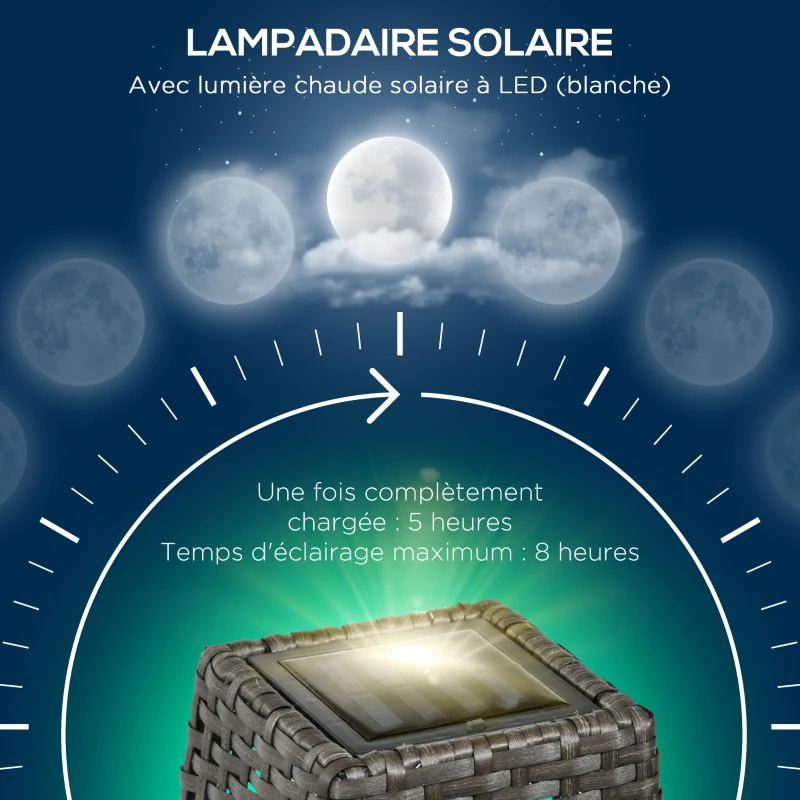 Outsunny Lampe à poser luminaire LED de jardin solaire en résine tressée imitation rotin - 21 x 21 x 78 cm gris