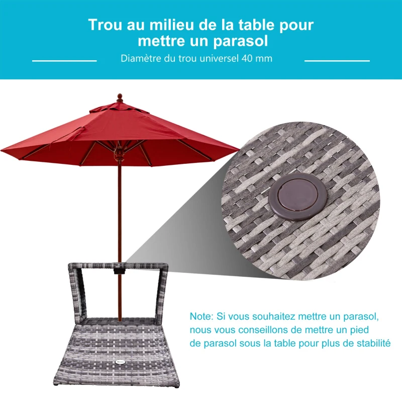 Outsunny Pied de parasol table basse 2 en 1 étagère inférieure intégrée résine tressée imitation rotin PE dim. 54L x 54l x 55H cm gris