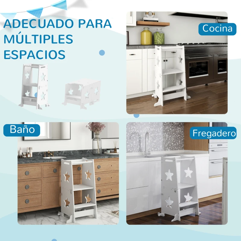 AIYAPLAY Torre de Aprendizaje 2 en 1 Convertible en Mesa y Silla con Barra de Seguridad 60x44,5x86 cm Blanco