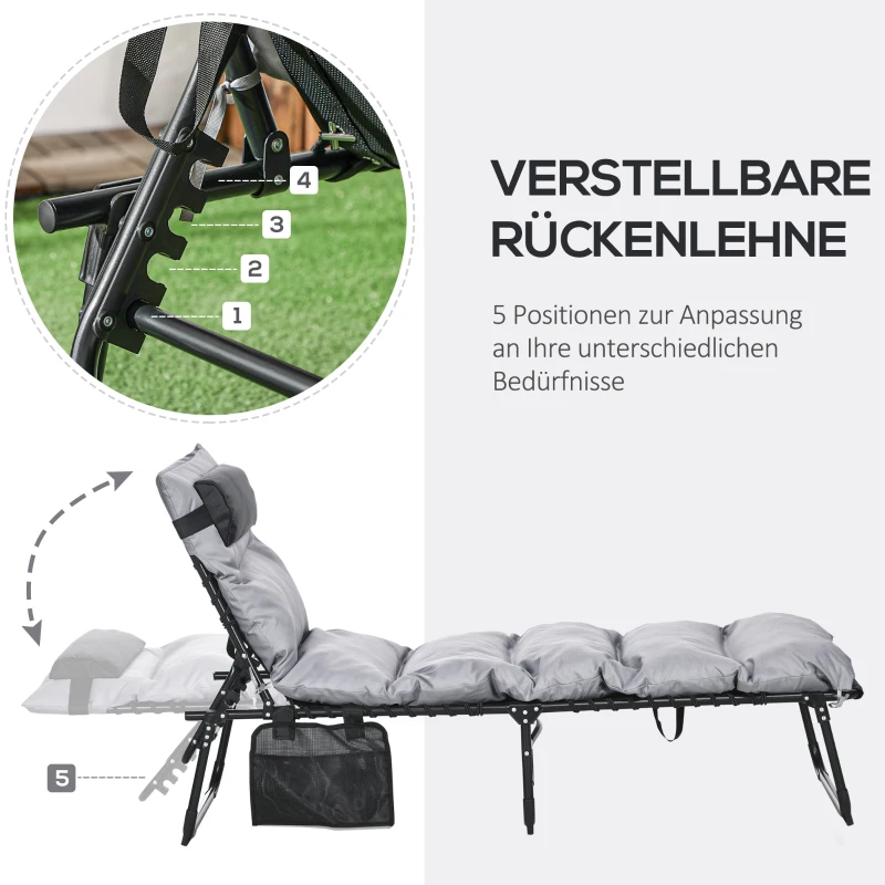 Outsunny Klappliege, 5-stufig neigbare Rückenlehne, Kissen, Auflage, bis 120 kg, Stahl, hellgrau, 58 x 189 x 32,5 cm