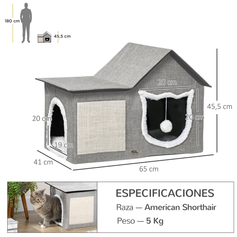 PawHut Caseta para Gatos Casa para Gatos Interior con Almohadilla para Rascar Cojín Suave y Bola Colgante 65x41x45,5 cm Gris
