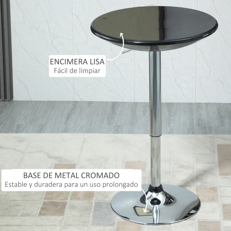 HOMCOM Mesa de Bar Regulable en Altura Giratoria 360º con Base Redonda Mesa Alta de Acero Moderna para Cocina Comedor Cafetería 61x61x76-97 cm Negro