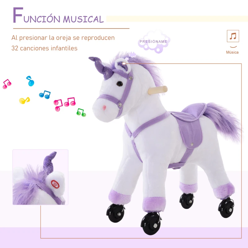 HOMCOM Caballo Pony Mecánico para Cabalgar Balancín con Ruedas Peluche Caballito Juguete con Sonidos 55x23x60cm
