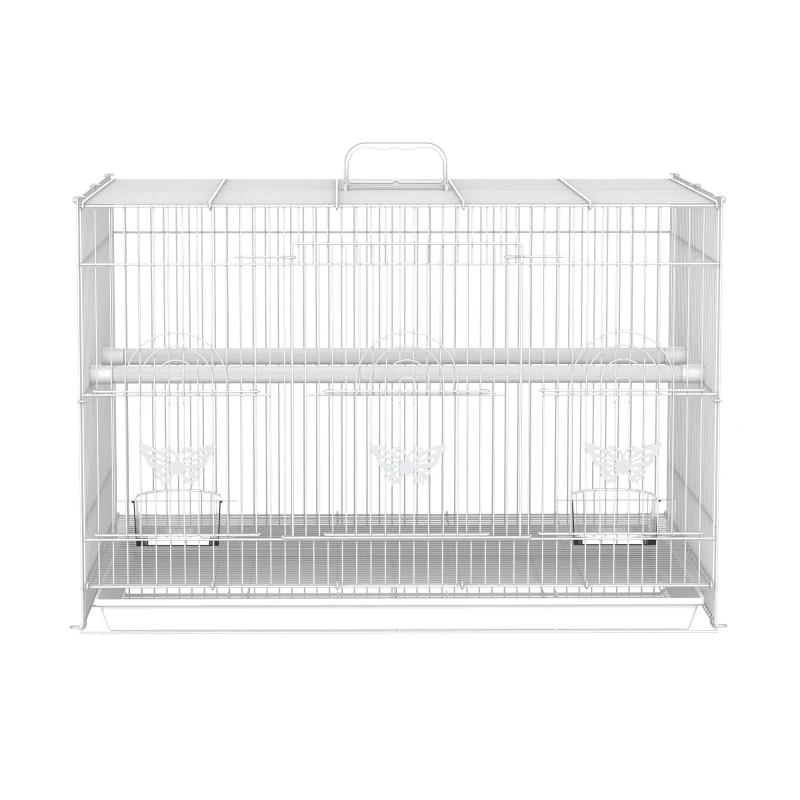 PawHut Jaula para Pájaros 60x41x41 cm Pajarera de Metal con Comederos 2 Perchas 3 Puertas y Asa de Transporte para Pájaros Pequeños Canarios Cotorras Blanco