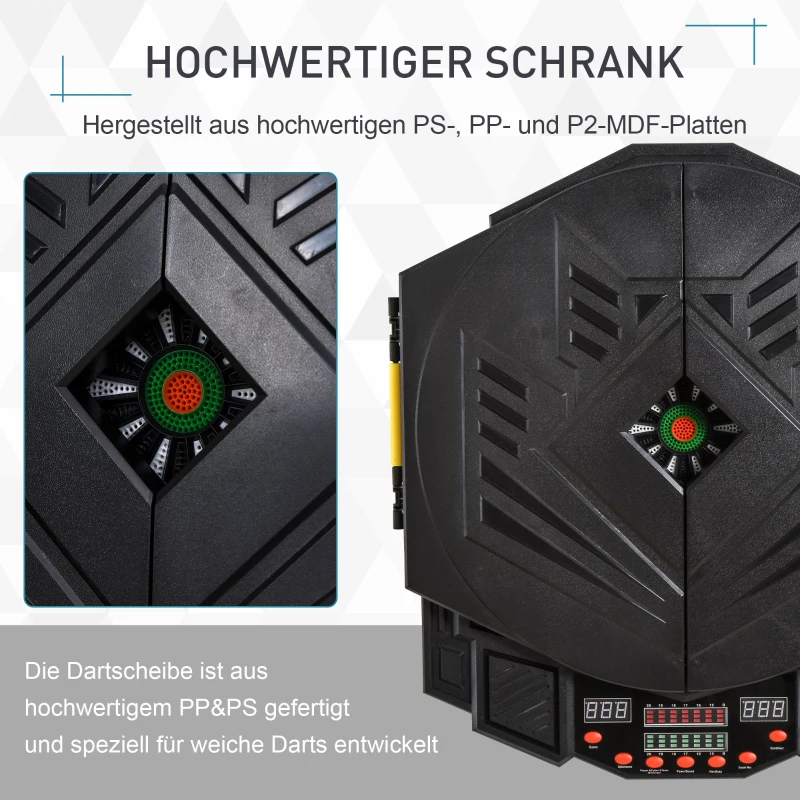 SPORTNOW Elektronische Dartscheibe Dartboard mit Sprachansagen Englische Stimme LED-Anzeigen 12 Darts 27 Spiele 216 Varianten Dartautomat mit Türen Dartscheibe Set für bis zu 8 Spieler