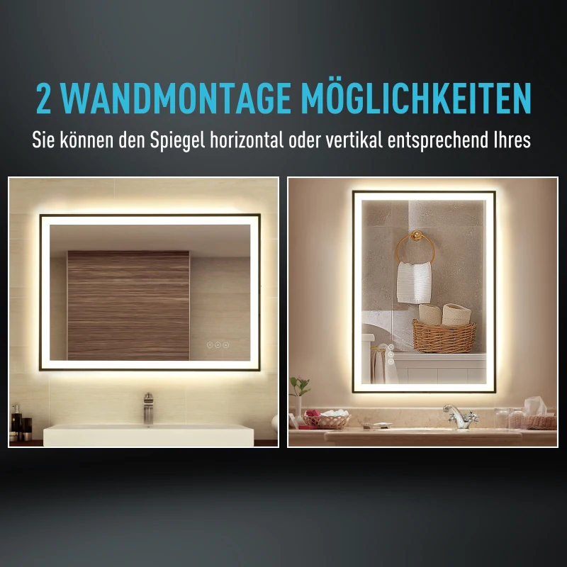 kleankin Badezimmerspiegel mit LED-Licht, Antibeschlagsfunktion; Wandspiegel, 7 70 cm x 50 cm x 3 cm, Silber