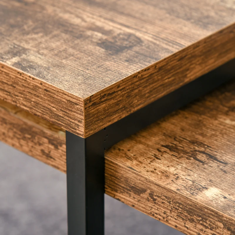 HOMCOM Set di 2 Tavolini da Salotto Impilabili e Salvaspazio in Stile Industriale, Legno MDF e Metallo, Marrone e Nero
