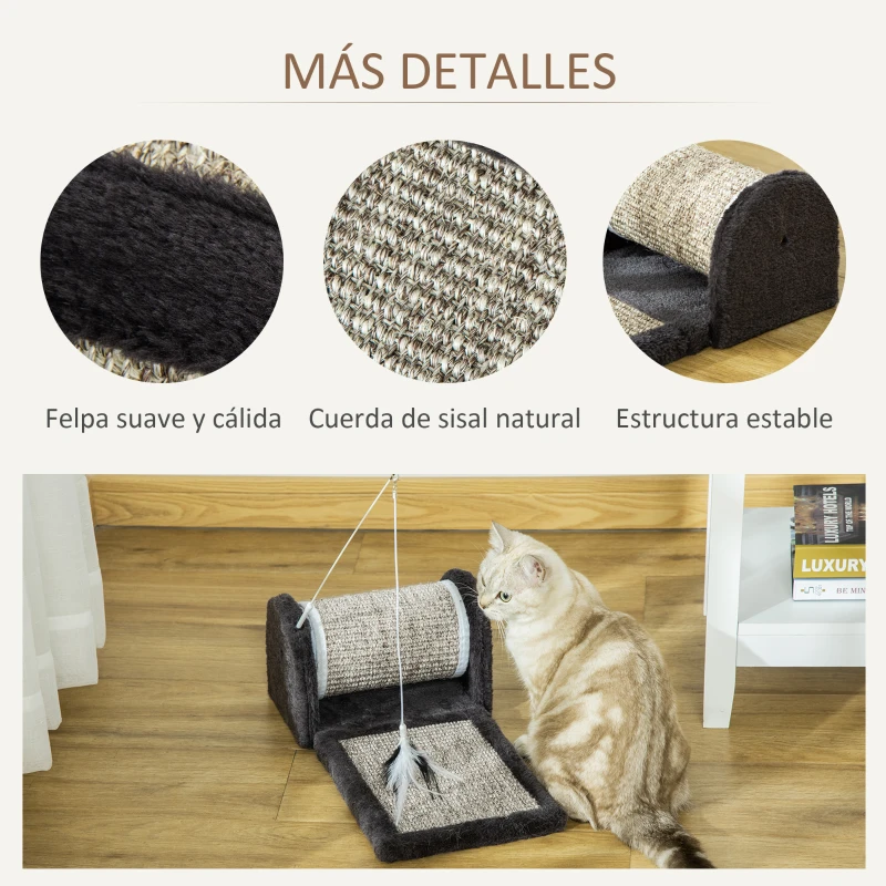 PawHut Rascador para Gatos con Rodillo Tablero para Rascar Cubiertos de Sisal Natural y Juguete Colgante Centro de Actividades para Mascotas 44x24x16 cm Gris