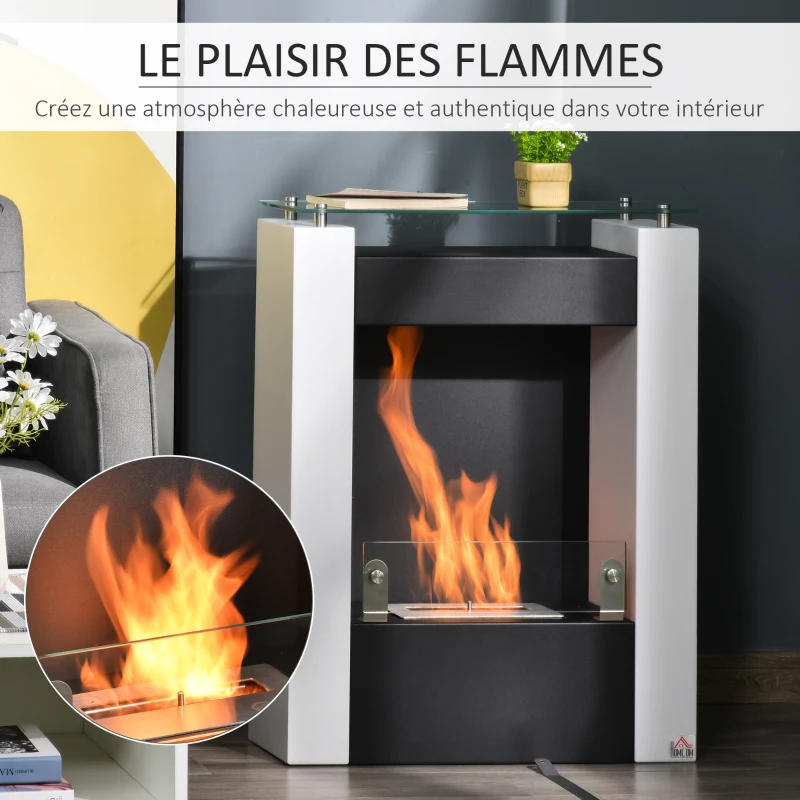 HOMCOM Cheminée bioéthanol brûleur 1,5 L avec plateau de rangement en verre trempé, 3 h de durée de combustion, Dims. 60*20*79cm, Contrôle de Flamme et Crochet Inclus - Acier Noir et Blanc