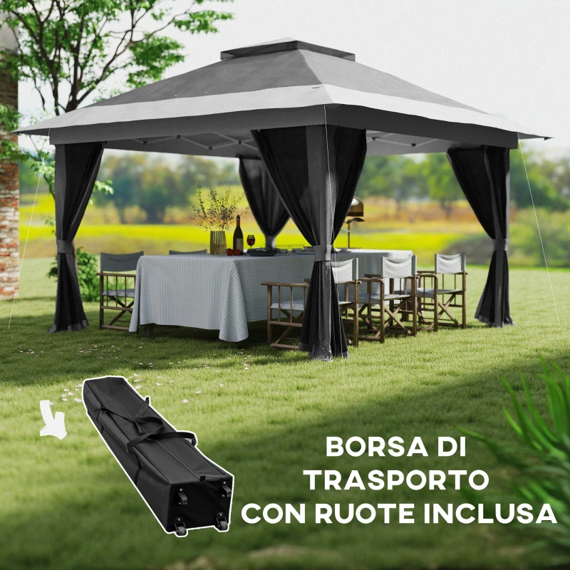 Outsunny Gazebo Pieghevole 3.6x3.6 m con Pareti, Altezza Regolabile e Protezione UPF50+, Borsa con Ruote, Grigio