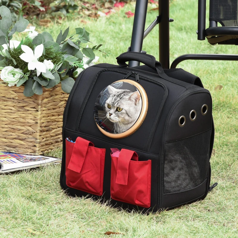 PawHut Zaino Portatile per Gatti di Piccola Taglia Pieghevole con Oblò, Trasportino per Cani o Gatti in Oxford, 38x24x38 cm, Nero e Rosso