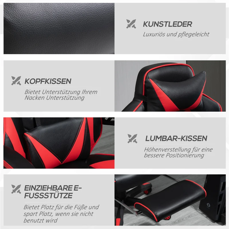 Vinsetto Ergonomischer Bürostuhl, Gaming Stuhl, Drehstuhl mit einziehbare Fußstütze und verstellbarer Rücken Schaumstoff+PU-Leder+Metall, Schwarz+Rot, 65 x 70 x 118,5-128,5 cm