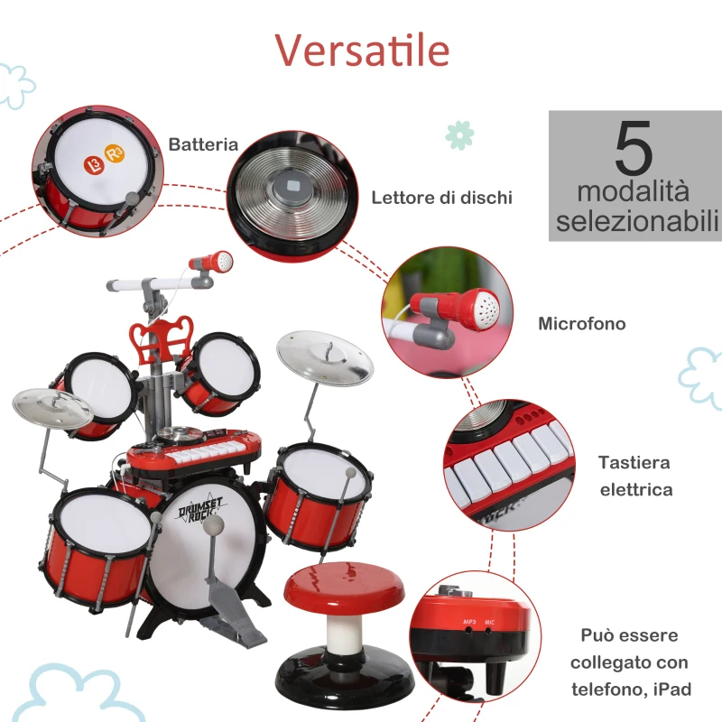 HOMCOM Set Batteria per Bambini con Strumenti Musicali, Batteria Jazz con 5 Tamburi e Sgabello, Giocattolo Musicale Educativo per Bambini, Effetti Sonori e Microfono Giocattolo, 77.5x40x76.5cm, Rosso