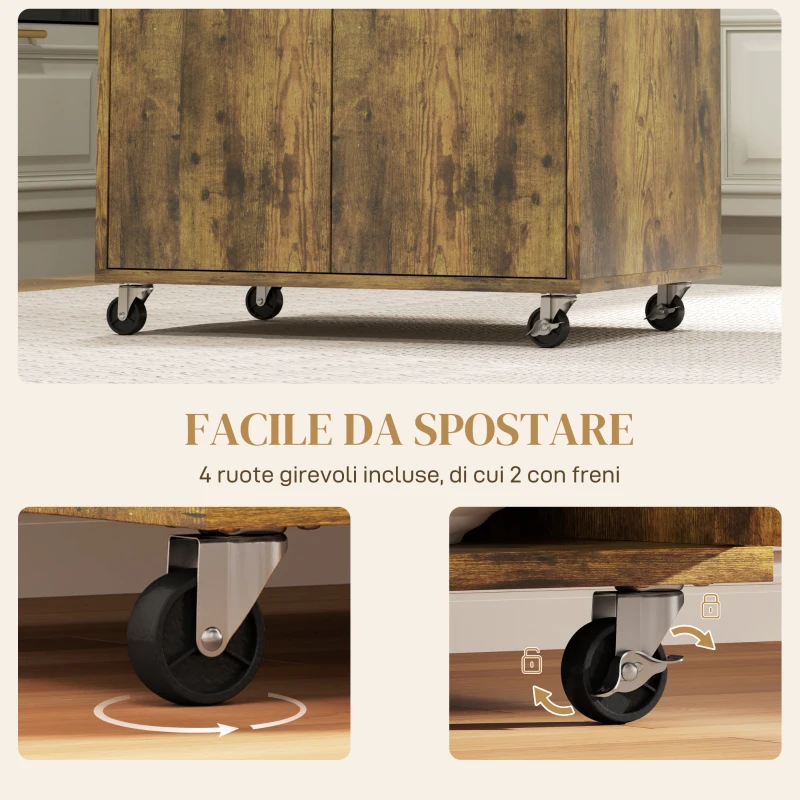 HOMCOM Carrello da Cucina con Cassetto, Armadietto e 4 Ruote in Legno, 60x40x77cm, Marrone Rustico