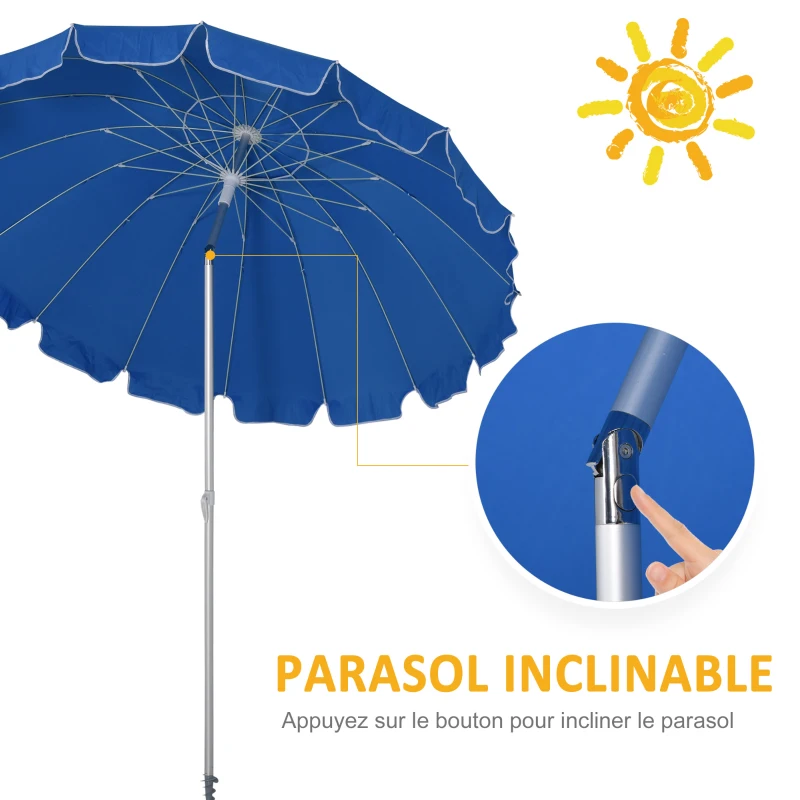Outsunny Parasol de plage parasol inclinable rond Ø 223 cm tissu polyester haute densité anti-UV mât démontable aluminium sac de transport inclu bleu