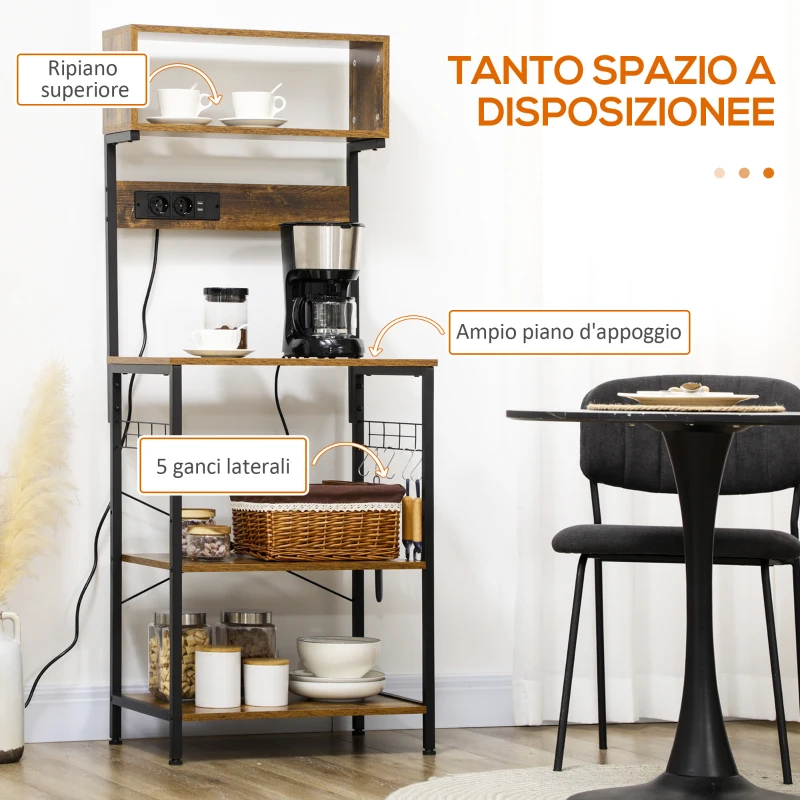 HOMCOM Scaffale Cucina con Multipresa, Ripiani e Ganci Stile Industriale, 60x42x153cm, Marrone