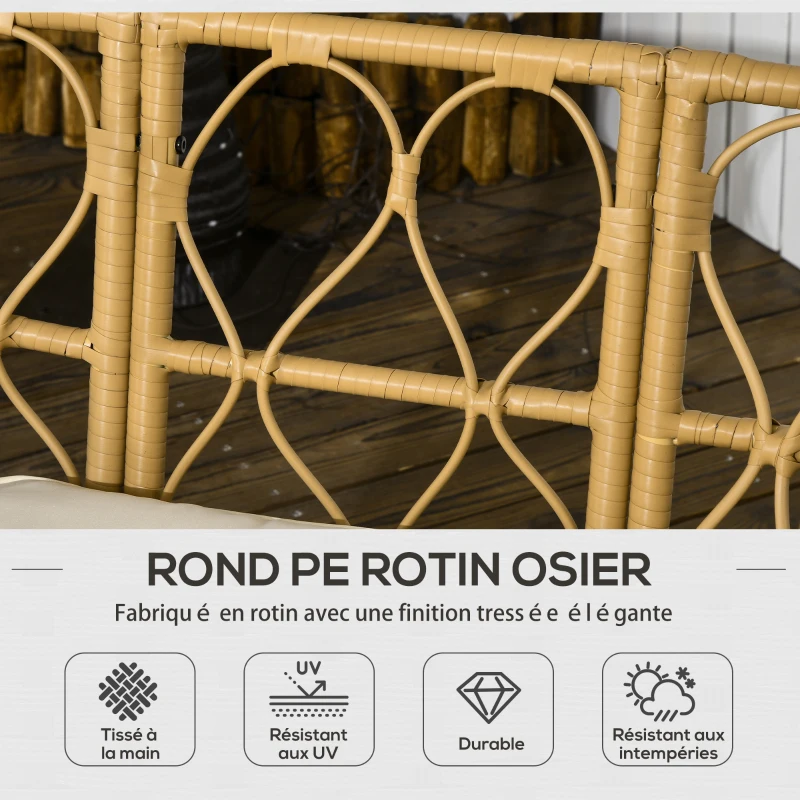 Outsunny Ensemble salon de jardin canapé 2 places + 2 fauteuils + 1 table basse plateau verre trempé 7 coussins écru