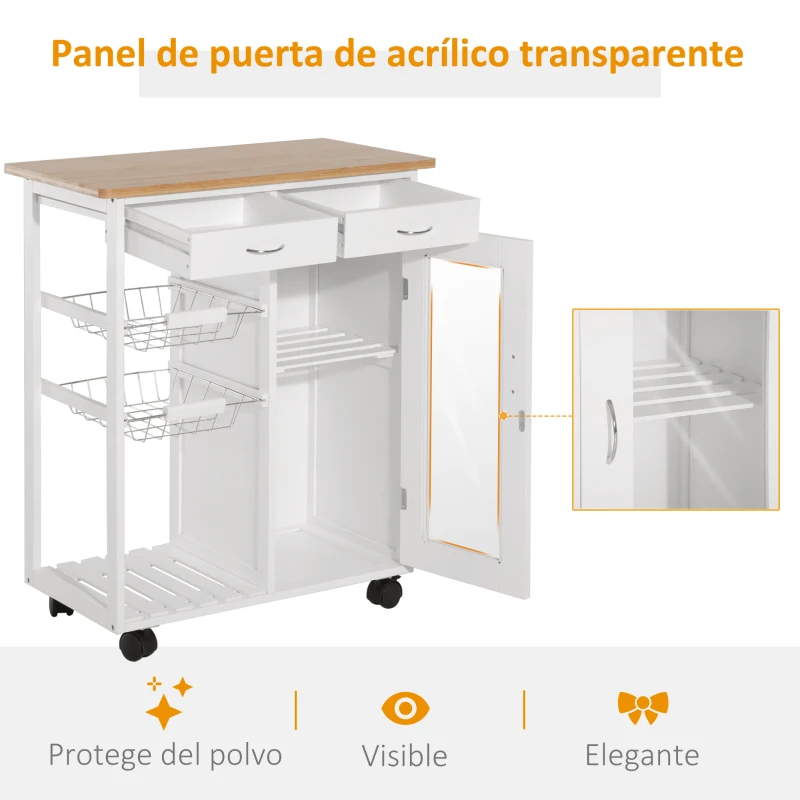 HOMCOM Carro de Cocina Multiusos Carrito Auxiliar con Ruedas para Dormitorio con Estantes Cestas Cajones 70x37x85cm Madera