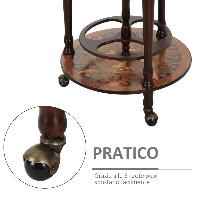 HOMCOM Mappamondo Bar, Minibar da Casa, Mappamondo Portabottiglie e Porta Liquori in Legno con 3 Ruote Ф47x90cm