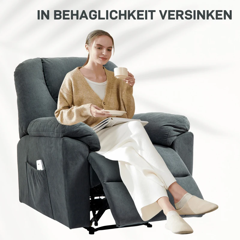 HOMCOM Elektrischer Relaxsessel mit Massage- und Wärme-Funktionen, Polstersessel mit USB-Anschluss, Seitentaschen, Grau(m-7)