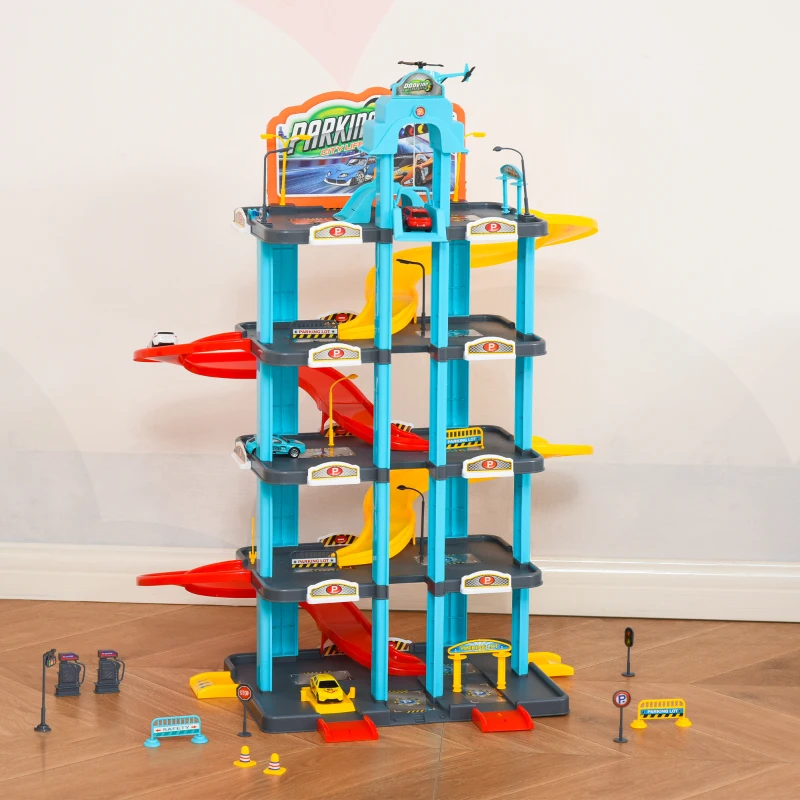 HOMCOM 5-Level Car Parking Garage Toy Race Tracks Car Ramp Set Toddler Car Games w/ Cars & Helicopter Elevator Gas Station Car Repair Station for 3-6 Years Old