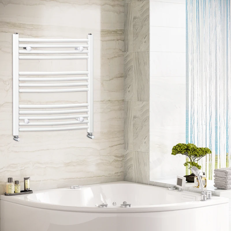 HOMCOM Curved Heated Towel Rail, Hydronic Bathroom Ladder Radiator Towel Warmer For Central Heating 600mm x 700mm, White
