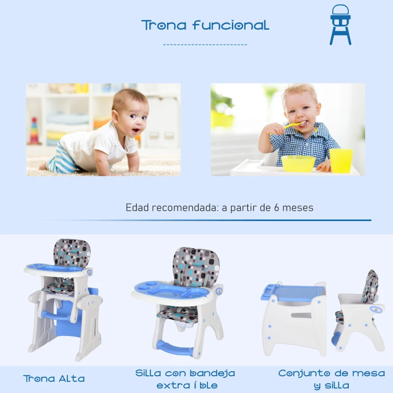 HOMCOM Trona para Bebés 2 en 1 para 6 Meses a 6 Años Transformable en Mesa y Silla Multifuncional Ajustable en 3 Posiciones Respaldo Alto Acolchado con 2 Bandejas Extraíbles 57x59x105 cm Azul