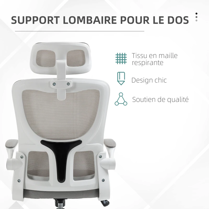 Vinsetto Fauteuil de bureau pivotant 360° avec appui-tête réglable et support lombaire - hauteur d'assise réglable gris