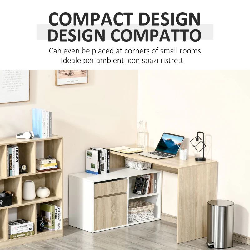 HOMCOM Scrivania Angolare, Scrivania ad Angolo per Computer da Camera o Ufficio, Scrivania Salvaspazio in Legno, Rovere e Bianco