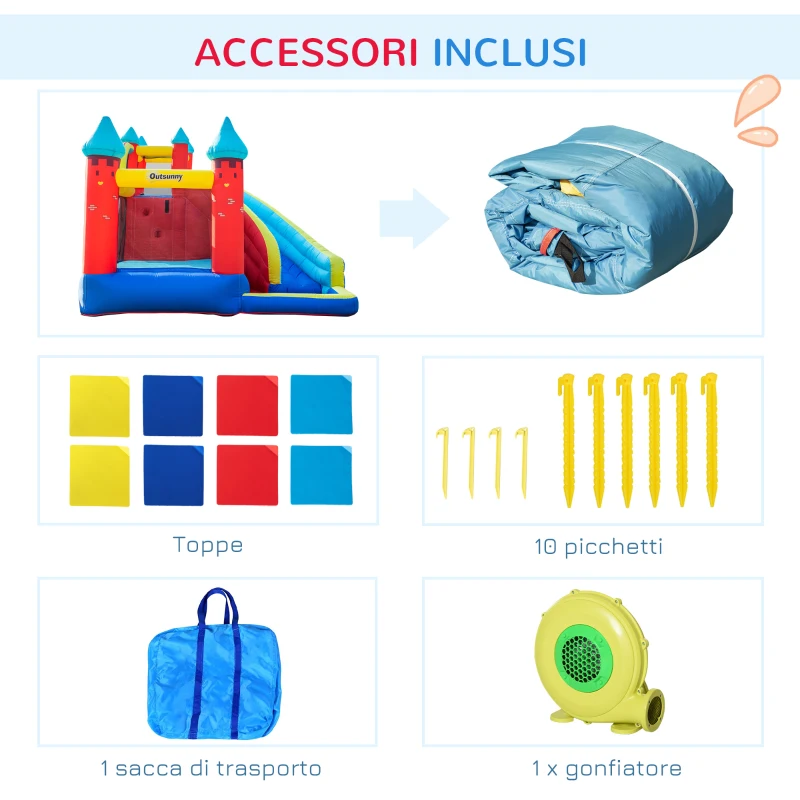 Outsunny Castello Gonfiabile 4 in 1 per Bimbi 3-8 Anni con Scivolo e Piscina, 290x270x230cm