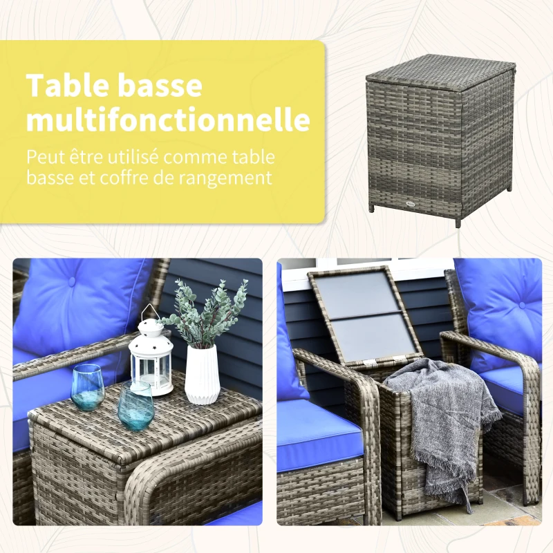Outsunny Ensemble salon de jardin en résine tressée 3 pièces 2 fauteuils + table basse avec espace de rangement caché plateau ouvrable coussins fournis acier 50 x 40 x 54,5 cm gris et bleu