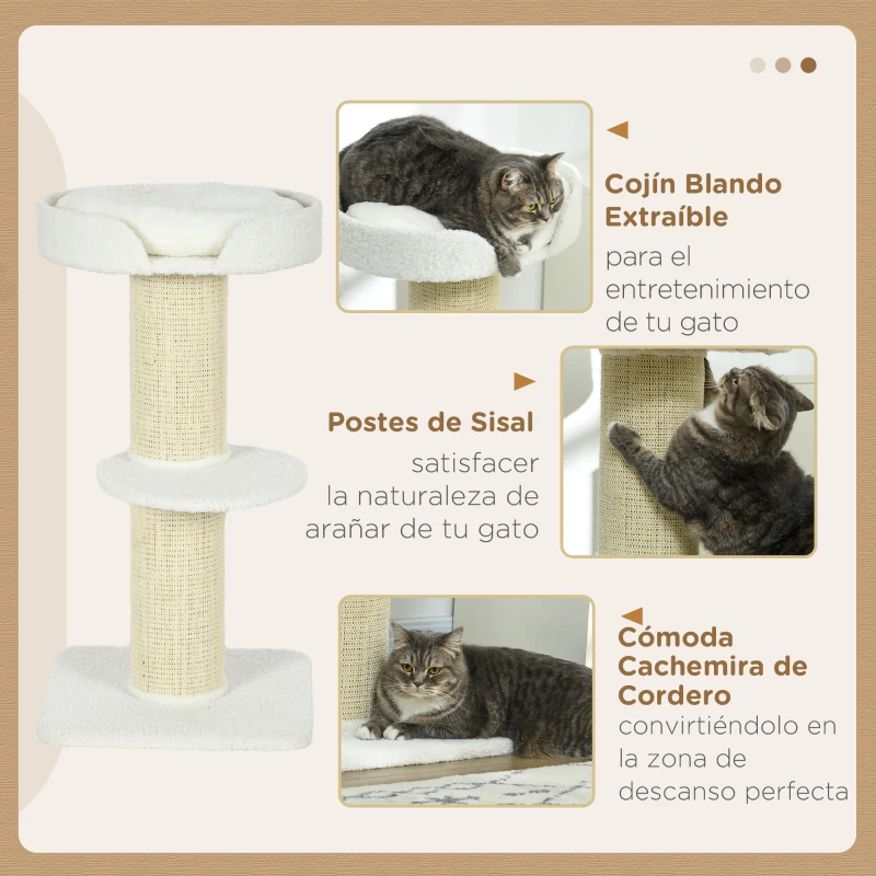 PawHut Árbol para Gatos Altura 91 cm de 3 Niveles con Nido Plataforma y Poste de Sisal 45x45x91 cm Crema