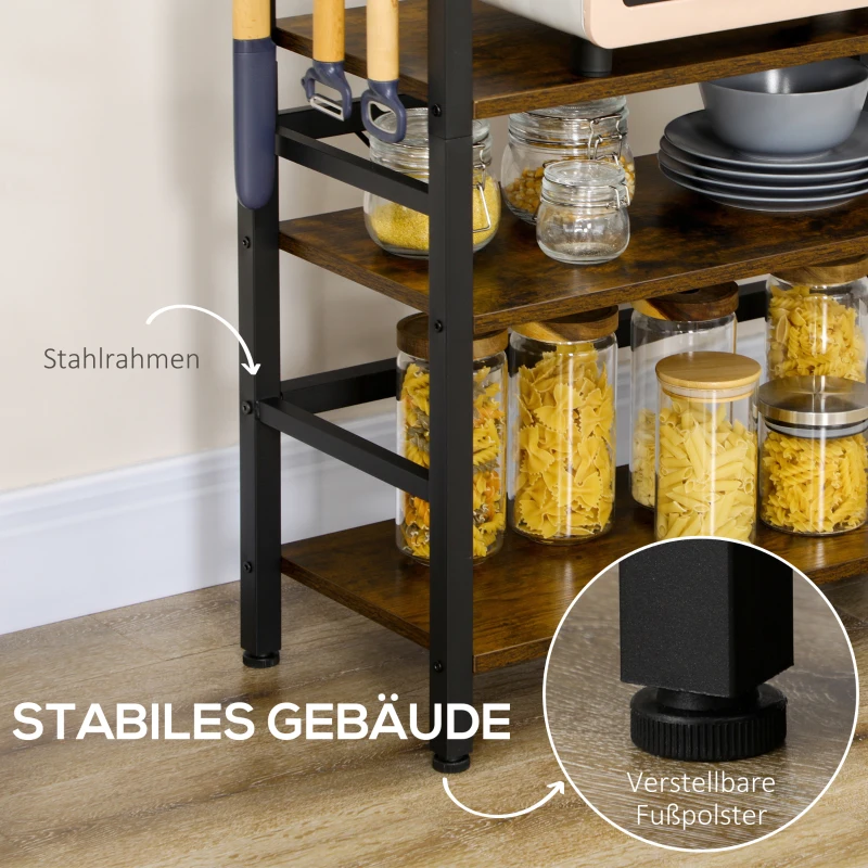 HOMCOM Küchenregal im Industriedesign; 4 Regale, 4 Haken, Standregal, Regal, Braun + Schwarz