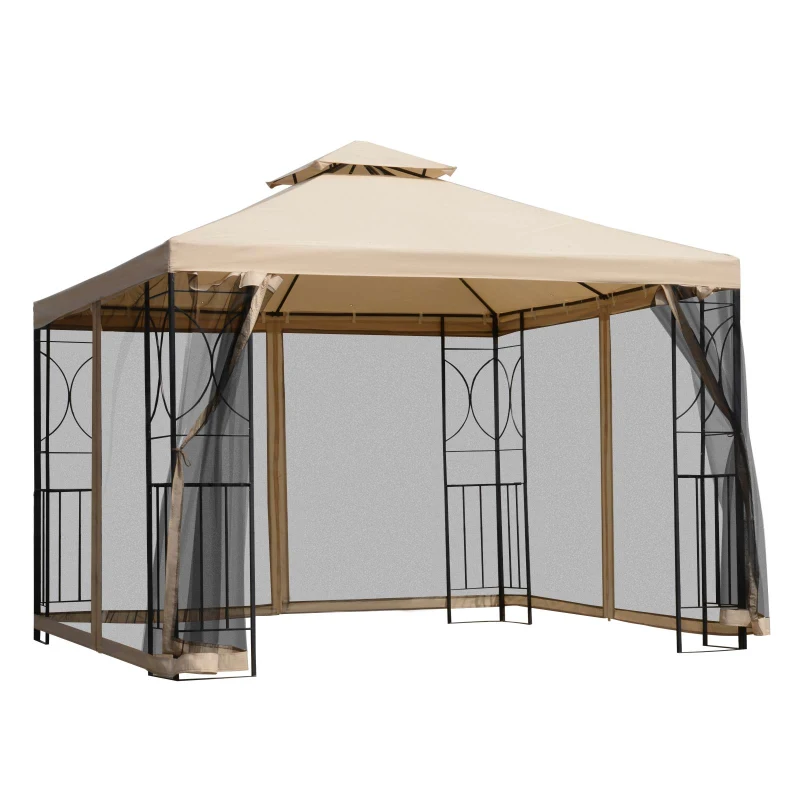 Outsunny Gartenpavillon Pavillon Festzelt Partyzelt wetterfest Zelt mit 4 Ablagen Metall + Polyester Beige 2,98 x 2,98 m
