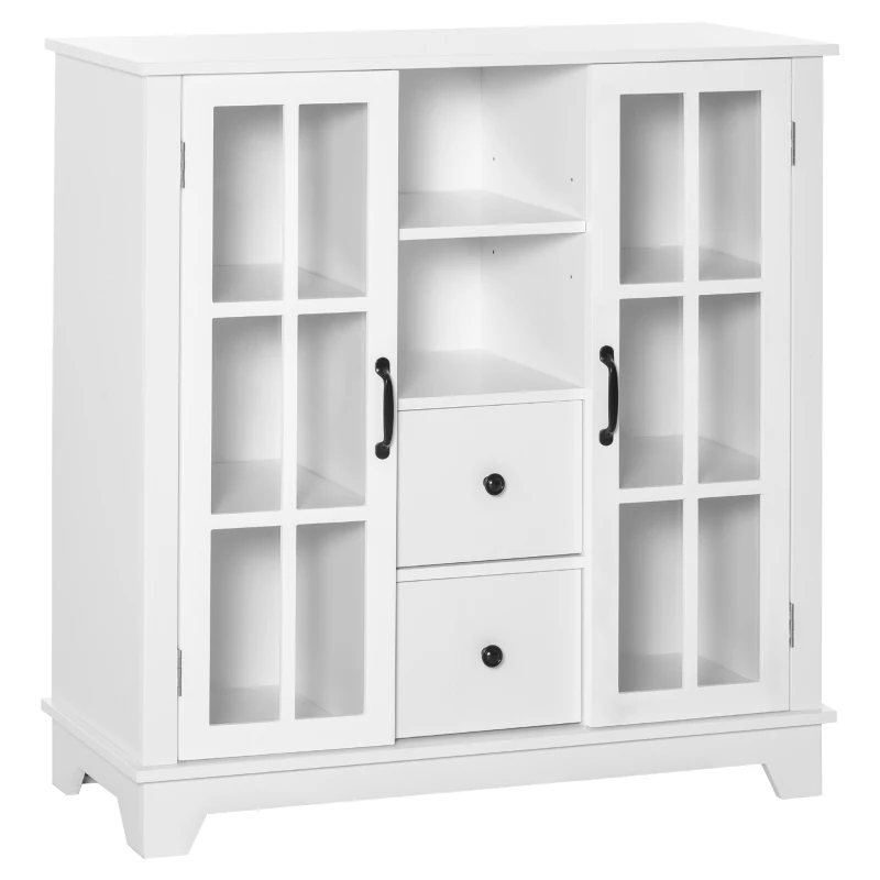 HOMCOM Küchenschrank Sideboard Aufbewahrungsschrank modern elegant mit 2 Schubladen und Glastüren für Esszimmer Wohnzimmer MDF Weiß 100 x 35 x 100 cm